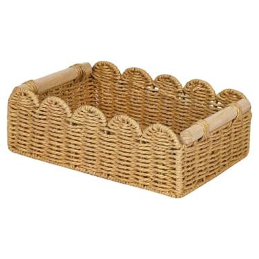 Imagem de Bothyi Cesto de Armazenamento de Corda de Papel com Alça de Madeira, Organizador Decorativo para Banheiro, Toalha, Festa, Penteadeira, Prateleira, Perfume, 35 cm x 16 cm x 9,5 cm