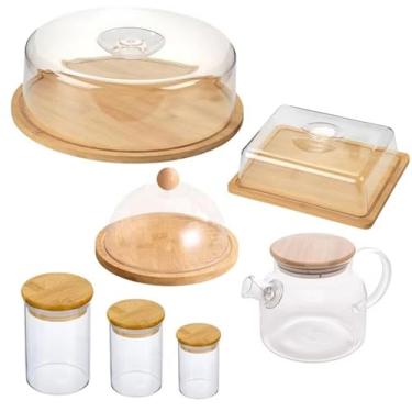 Imagem de Kit de Utensílios para Cozinha, Jarra de Vidro 1L, Potes com Tampa de Bambu, Bandeja e Boleira com Tampa em Acrílico