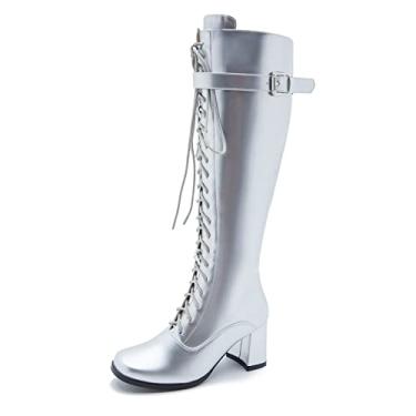 Imagem de LIURUIJIA Botas femininas Gogo com cadarço e salto alto e zíper lateral, Prata, 40