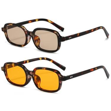 Imagem de piscm Óculos de sol retangulares retrô para mulheres e homens, óculos de sol quadrados pequenos e estreitos, Armação de tartaruga/lente marrom + armação de tartaruga/lente amarela, One Size