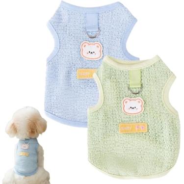 Imagem de Conjunto de 2 camisetas para cães – camisetas verdes e azuis para animais de estimação com anel em D, patch de cabeça de urso fofo e estampa de bebê, roupas de animal de estimação de tecido elástico