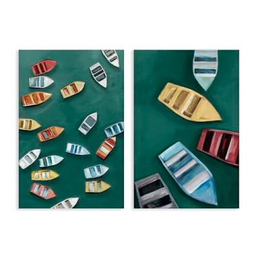 Imagem de Stupell Industries Conjunto de arte de parede em tela de 2 peças de barcos a remo coloridos à deriva, design de Hannah Dawson, 76 x 50 cm