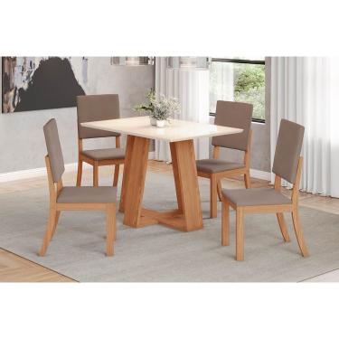Imagem de Conjunto: Mesa de Cozinha Lins c/ Tampo Madeirado 120x80cm e 4 Cadeiras Milla Nature/Off White - Suede Marrom - Henn
