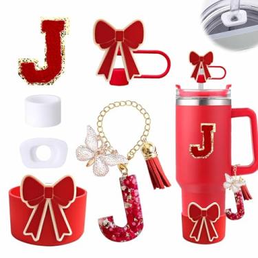 Imagem de Conjunto de 6 peças de acessórios para copo vermelho Stanley Cup 850 g 1,134 g copo com alça, incluindo tampa de cobertura de palha de silicone e bota de laço, tampa à prova de derramamento, pingente