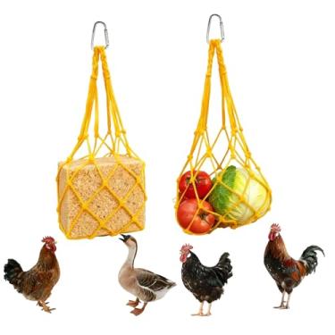 Imagem de Alimentador suspenso de galinha e vegetais, 2 peças, saco de corda reutilizável, alimentador de pendurar para galinhas, patos, brinquedos de enriquecimento, suporte de petisco, acessório de aves sem