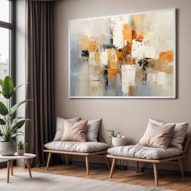 Imagem de Quadro com Moldura Sala Quarto Pintura Arte Abstrato Bege Branco Marrom Dourado Decorativo Horizontal Grande Hall