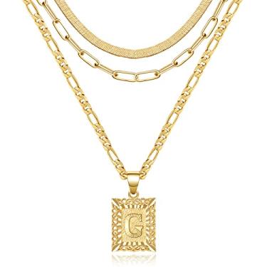 Imagem de KissYan Conjunto de colar em camadas de ouro para mulheres, banhado a ouro 14 K com pingente de letra inicial e clipe de papel, gargantilha de cobra e alfabetos de A-Z Fígaro, colar de corrente de