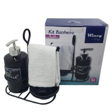 Imagem de Kit 4 Peças Banheiro Cerâmica Suporte Grade Com Toalha Preto