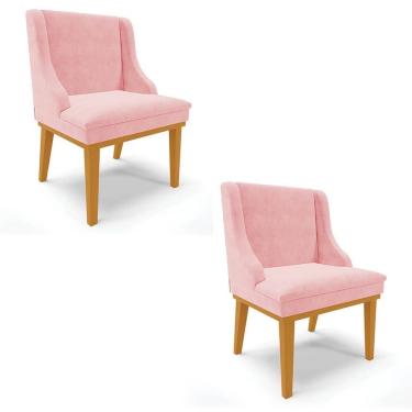 Imagem de Kit 2 Cadeiras Estofadas para Sala de Jantar Base Fixa de Madeira Castanho Lia Suede Rosa bebê - Ibi