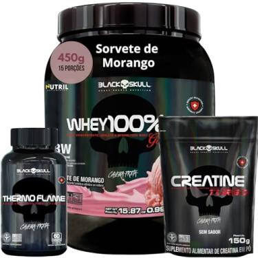 Imagem de Kit Whey 100% HD POTE Gourmet 450g + Creatina Monohidratada Turbo 150g + Termogênico Thermo Flame 60 caps- Combo Ganho de Massa Muscular (450g, Whey Sorvete de Morango)