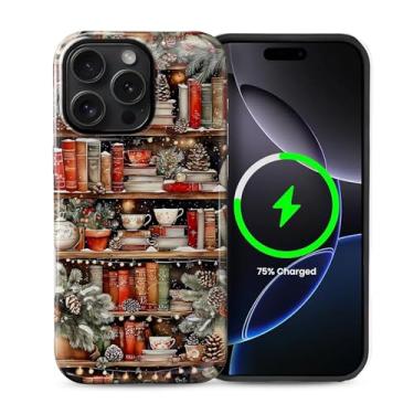 Imagem de casesok Capa para iPhone 15 Pro, compatível com MagSafe, capa rígida de camada dupla + capa de silicone, proteção total à prova de choque, para iPhone 15 Pro-Christmas Bookshelf Winter Aesthetic