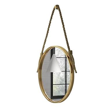 Imagem de EHVYBDX Espelho cosmético para pendurar na parede, espelho redondo decorativo criativo, espelho de maquiagem de corda de cânhamo, espelho circular grande de vestiário com moldura de metal dourado