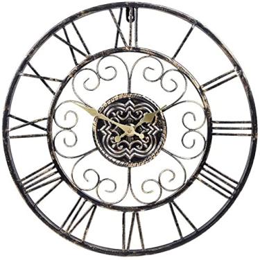 Imagem de QLDFX Relógio de parede artístico relógio de parede ao ar livre, arte de ferro oco romano antigo, relógio silencioso estilo retrô americano, relógio nostálgico antigo criativo, decoração de casa, arte
