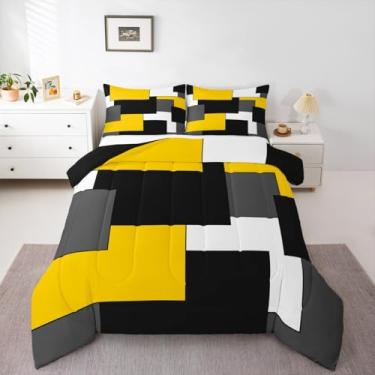 Imagem de Erosebridal Jogo de cama king geométrico xadrez para crianças, adolescentes e adultos, conjunto de cama amarelo, preto, branco, preto, arte abstrata, conjunto de edredom moderno de luxo para todas as
