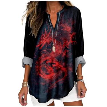 Imagem de Blusa MARSVOVO, arte japonesa, estampa de dragão, decote em V, 3GG, fe