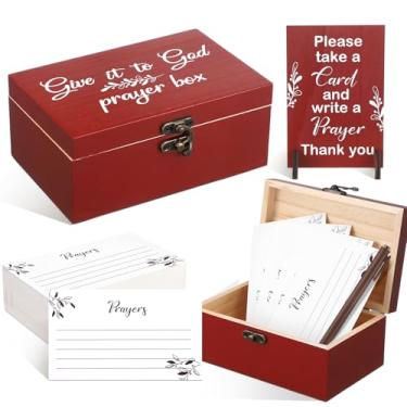Imagem de Wonderjune 100 cartões de oração com folhas de caixa de madeira envelhecida caixa de oração 1 placa de assinatura de madeira 5 canetas cartões de pedido para presentes cristãos de Natal (vermelho