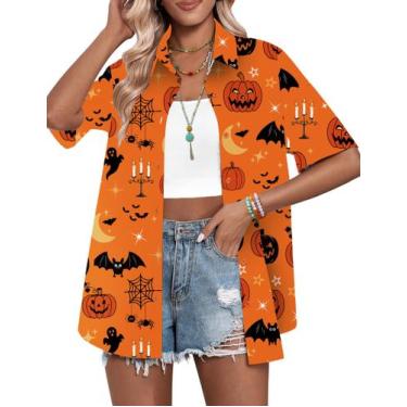 Imagem de Camiseta feminina HOTOUCH Halloween Fun Pumpkins estampada tamanho GG