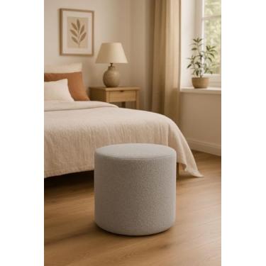 Imagem de Puff Bouclé Redondo Cinza Claro Decorativo Estofado Moderno para Sala Quarto