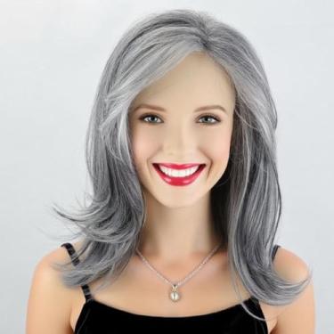 Imagem de Fencca Perucas de onda longa cinza prata para mulheres brancas com franja de cortina 50,8 cm peruca em camadas com sal, pimenta sintética resistente ao calor para uso diário em festas