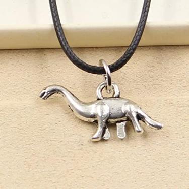 Imagem de EDCRFV Colar de dinossauro pingente de prata tibetano cordão de couro preto feito à mão