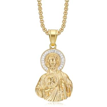 Imagem de Colar de aço inoxidável banhado a ouro 18K com pingente de São Judas para homens e mulheres, corrente de 60 cm San Judas Tadeo Medalla Cadena Oro Laminado, joia de oração cristã, presente religioso