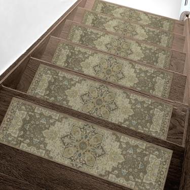 Imagem de Escadas antiderrapantes para degraus de madeira 15 peças - tapete de segurança interno de 20,3 x 76,2 cm, tapetes de borda com adesivo TPE, tapetes de escada adequados para animais de estimação e