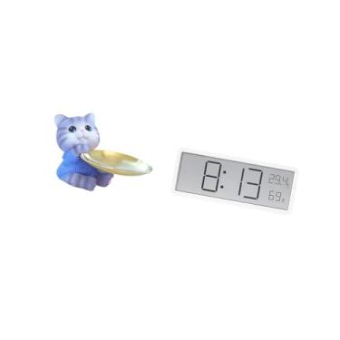 Imagem de Fenteer Bandeja de Escultura de Resina de Gato Moderna com Visor de Relógio Digital para Decoração de Escritório, Joias, Lanches, Temperatura, Umidade, Pratel