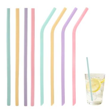 Imagem de 8 canudos reutilizáveis de silicone, lavável, liso, para smoothie, compatível com quente e frio