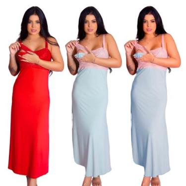 Imagem de Kit 3 Camisolas Longas Amamentação Gestante Recorte Lateral Maternidad