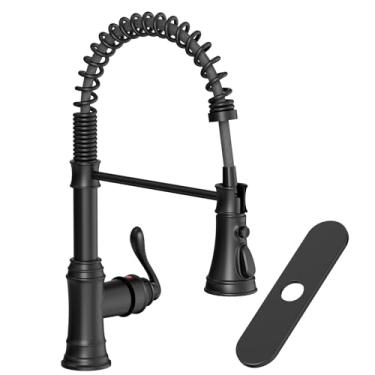 Imagem de Homevacious Torneira para pia de cozinha em preto fosco com placa de convés de arco alto alavanca única alavanca com pulverizador de puxar para baixo, torneiras de cozinha com 3 funções sem chumbo