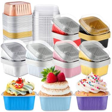 Imagem de Skylety 100 peças, mini assadeira quadrada de 142 g com tampa, forma de cupcake de alumínio, copo de brownie, ramequins descartáveis, recipientes individuais de estanho para cozinha, material de grau