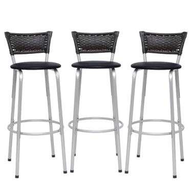 Imagem de Banqueta Altas Junco Preto Estrutura Prata 70cm Para Balcão Cozinha, Bar, Bistrô, Americano Kit 03 Unidades - Itagold (Assento Preto)