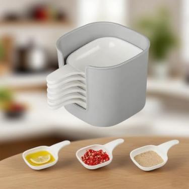 Imagem de Conjunto de 7 pratos de especiarias com rack, conjunto de condimentos para cozinha e mesa de jantar, branco