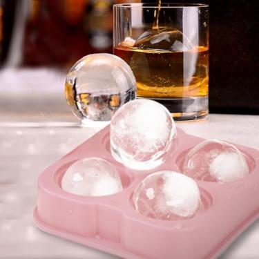 Imagem de Bandeja de molde de bola de gelo com 4 cavidades para uso no freezer, máquina de gelo, uísque, coquetéis, bebidas em casa, bar, preparação de bebidas, rosa