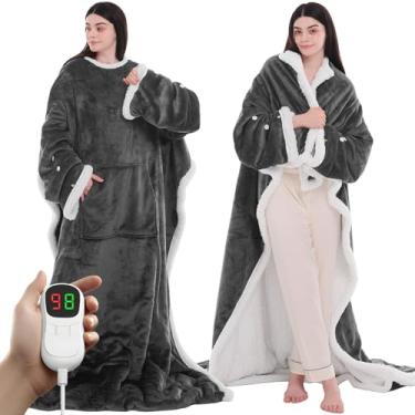 Imagem de PLOATH Xale de cobertor elétrico aquecido: poncho aquecido - cobertor vestível com capuz sherpa com 10 níveis de aquecimento e várias configurações de tempo de aquecimento (127 x 188 cm cinza)