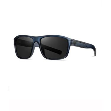 Imagem de Óculos de sol esportivos polarizados masculinos envolventes óculos de sol quadrados moda sunnies condução pesca SY6084, Armação cinza-azul transparente | Lente preta, Large