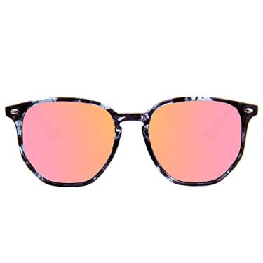 Imagem de Óculos de sol hexagonais grandes para mulheres com armação de polígono moderno, Armação azul transparente tartaruga/lente rosa, 55-12-147