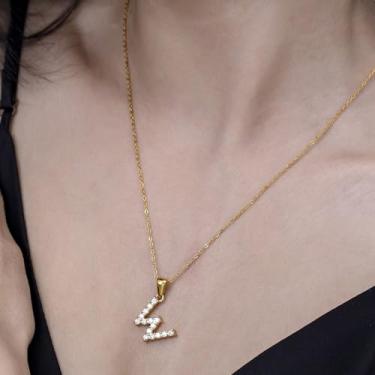 Imagem de Colar com pingente de cristal banhado a ouro 18 K - joia com monograma de strass para presentes personalizados e uso diário, F, Aço inoxidável, Sem Pedra Preciosa