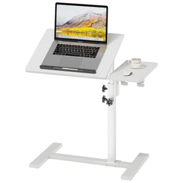 Imagem de Mesa de cabeceira para laptop, mesa de cabeceira com rodas, suporte para laptop, bandeja de TV ajustável, mesa de canto C, mesa móvel de lanche com parte superior inclinável, branca