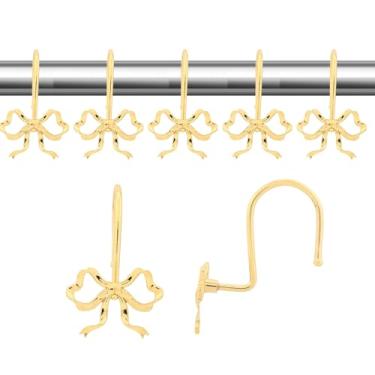 Imagem de 12 ganchos de cortina de chuveiro com laço dourado, anéis de metal decorativos de nó elegante para varas de chuveiro padrão, banheiro, berçário e acessórios de decoração de quartos de crianças