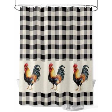 Imagem de Cortina de chuveiro Red Farmhouse Rooster, vintage, preto, branco, xadrez, impermeável, lavável, conjunto de cortinas de banheiro para decoração de banheiro, 182 x 182 cm de comprimento, bege
