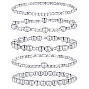 Imagem de XIANNVXI Pulseira feminina com contas banhadas a ouro 14K 14 K com contas elásticas empilháveis e elásticas, conjunto moderno, joias delicadas, Medium, Sem Pedra Preciosa