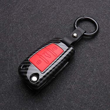 Imagem de WSWJDW Fibra de carbono Silicone Car Key Case Cover Chaveiro Ring Key Bag, apto para Audi A3 A4 A5 C5 C6 8L 8P B6 B7 B8 C6 RS3 Q3 Q7 TT 8L 8V S3, vermelho carbono