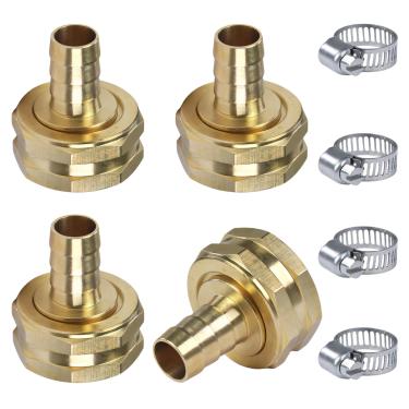 Imagem de Stitokg (Pacote com 4) Adaptador de mangueira de jardim de latão sólido, 1/5.1 cm PEX Barb para fêmea GHT de 3/10.2 cm — Conector giratório de corpo hexagonal com junta e grampos inoxidáveis para