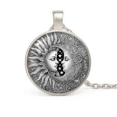 Imagem de 1 colar com pingente redondo deslumbrante - padrão exclusivo de sol e lua, mosaico de vidro estilo pintura a óleo, estrutura de liga, corrente de suéter moderno, presente moderno para mulheres