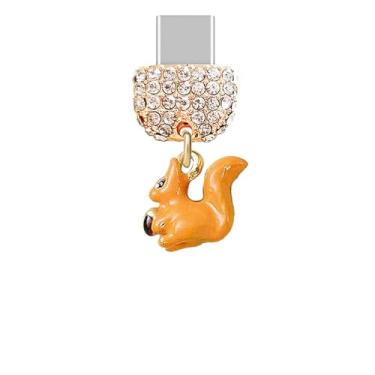 Imagem de ELISE & FONDA TP943 Tipo-C porta de carregamento cristal antipoeira plugue minúsculo 3D esquilo celular berloque para iPhone 15/16/Samsung/OnePlus/Xiaomi/oppo telefones Android (marrom)