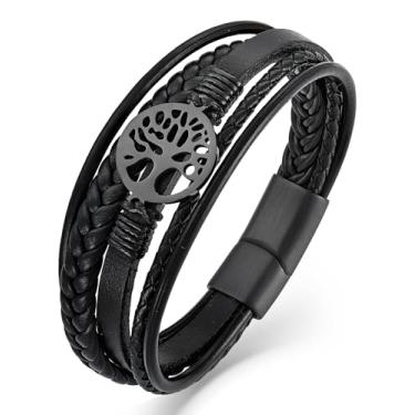 Imagem de Vesitim Pulseira masculina de couro multifios, joia trançada árvore da vida de aço inoxidável com prata/preto/dourado/cor café, 8.46in, Aço inoxidável, Sem Pedra Preciosa