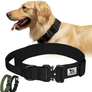 Imagem de Canisalfa Coleira tática ajustável para cães médios, coleira de nylon com alça e fivela de metal resistente de liberação rápida, coleiras premium para cães com GPS e opções de fixação de trela, preta