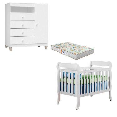 Imagem de Berço Americano Lila Com Colchão Gazin E Cômoda Infantil Ternura Baby Branco Brilho - Incorplac