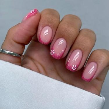 Imagem de Unhas postiças curtas quadradas com cola falsa rosa francesa com design simples de flor, glitter, cobertura completa, bastão falso artificial em unhas de acrílico para mulheres, 24 peças